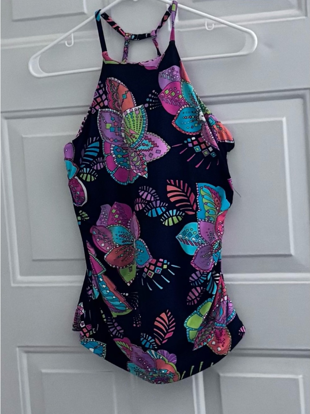 Anne Cole Navy Tankini top Swimsuit with Pink, Teal & Lime Floral Print